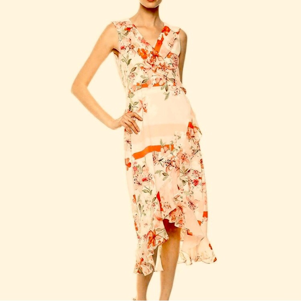 NWT Calvin Klein A-Line Floral Print High/Low Hem Surplice V-Neck Dress XL.